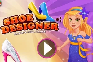 Ilustrácia s dievčaťom v modrých šatách, dvoma topánkami a nápisom Shoe Designer
