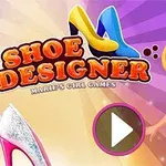 Ilustrácia s dievčaťom v modrých šatách, dvoma topánkami a nápisom Shoe Designer
