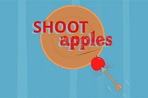 Terč s jablkom v strede a šípka, ktorá ho zasahuje, s nápisom SHOOT apples