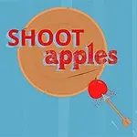Terč s jablkom v strede a šípka, ktorá ho zasahuje, s nápisom SHOOT apples
