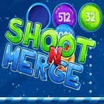 Farebné guľôčky s číslami a nápisom Shoot n Merge na tmavomodrom pozadí