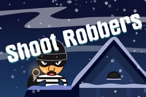 Kreslený zlodej s čiernou maskou a pruhovaným svetrom mieri zbraňou na nočnej scéne so sloganom Shoot Robbers nad ním