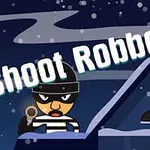 Kreslený zlodej s čiernou maskou a pruhovaným svetrom mieri zbraňou na nočnej scéne so sloganom Shoot Robbers nad ním