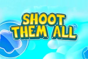 Žltý text Shoot Them All na modrom pozadí s obláčikmi