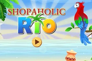 Farebný papagáj sediaci na vetve pri logu „SHOPAHOLIC RIO“ s tropickým pozadím a tlačidlom prehrávania