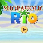 Farebný papagáj sediaci na vetve pri logu „SHOPAHOLIC RIO“ s tropickým pozadím a tlačidlom prehrávania
