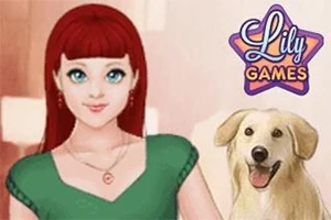 Dievča s červenými vlasmi a zeleným tričkom vedľa usmievajúceho sa psa, s logom Lily Games v pravom hornom rohu
