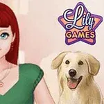 Dievča s červenými vlasmi a zeleným tričkom vedľa usmievajúceho sa psa, s logom Lily Games v pravom hornom rohu