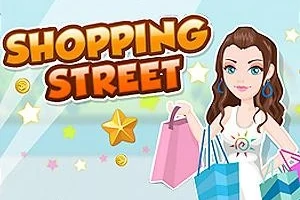 Žena s hnedými vlasmi drží viacero nákupných tašiek, vedľa nápisu Shopping Street, na pozadí sú hviezdy a mince
