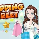 Žena s hnedými vlasmi drží viacero nákupných tašiek, vedľa nápisu Shopping Street, na pozadí sú hviezdy a mince