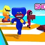 Farebné kreslené postavičky bežia po dráhe s prekážkami a nesú dosky, vedľa je nápis SHORTCUT RACE!
