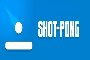 Modrý pozadie s bielym nápisom SHOT-PONG vedľa bieleho kruhu a obdĺžnika