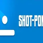 Modrý pozadie s bielym nápisom SHOT-PONG vedľa bieleho kruhu a obdĺžnika