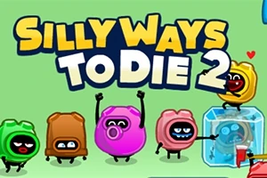 Farebné kreslené postavičky s rôznymi výrazmi na tvári a názov Silly Ways To Die 2 na svetlozelenej pozadí