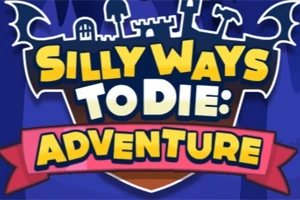 Nápis Silly Ways to Die: Adventure v žlto-modrej palete s hradnou siluetou v pozadí