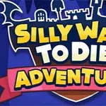 Nápis Silly Ways to Die: Adventure v žlto-modrej palete s hradnou siluetou v pozadí