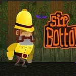 Kreslená postavička v žltej prilbe a oblečení kráča džungľou s nápisom sir Bottomtight vedľa nej