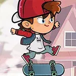 Chlapec v červenej šiltovke skáče na skateboarde pred domom