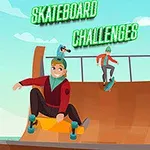 Skupina kreslených postáv na skateboardoch predvádza triky na rampe pod nápisom Skateboard Challenges