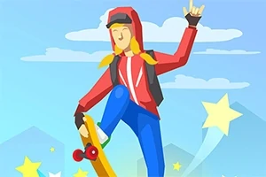 Osoba v červenej mikine jazdiaca na skateboarde s hviezdami a oblohou v pozadí