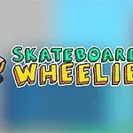 Kreslená postavička na skateboarde v červenom tričku so slnečnými okuliarmi a nápisom Skateboard Wheelie na farebnom pozadí