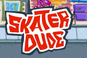 Červený text SKATER DUDE na pozadí farebne ilustrovaného mestského prostredia s grafitmi