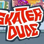 Červený text SKATER DUDE na pozadí farebne ilustrovaného mestského prostredia s grafitmi