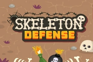Nápis SKELETON DEFENSE na pozadí so zemou, kostrami, lebkami a bombou
