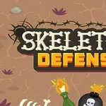 Nápis SKELETON DEFENSE na pozadí so zemou, kostrami, lebkami a bombou
