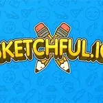 Modré pozadie s kreslenými ikonami obsahuje názov SKETCHFUL
