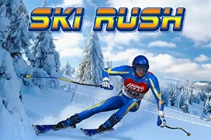 Lyžiar v modrom obleku prechádza zasneženým lesným svahom pod nápisom SKI RUSH