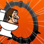 Kreslená postava muža sediaceho na toalete s výrazným úsmevom na oranžovom pozadí so symbolom v pozadí