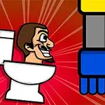 Muž s bradou sedí vo WC mise s animovanou rukou na jasne červenom pozadí