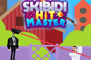 Postava s kamerou na hlave strieľa laserom na postavu vyčnievajúcu z toalety, s farebným pozadím a nápisom „Skibidi Hit Master“ v hornej časti