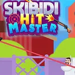 Postava s kamerou na hlave strieľa laserom na postavu vyčnievajúcu z toalety, s farebným pozadím a nápisom „Skibidi Hit Master“ v hornej časti