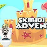 Karikatúrna plážová scéna so zámkom z piesku, slnečníkom a postavou sediacou na toalete