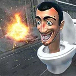 Postava s veľkou hlavou vychádzajúca z toalety na ulici s výbuchmi v pozadí