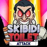Karikatúra postavy s červenými očami v strede obrázku, obklopená nápisom SKIBIDI TOILET ATTACK na ružovo-žltom pozadí s toaletou a piestom po bokoch