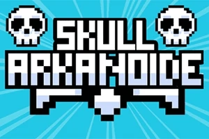 Nápis SKULL ARKANOIDE s dvoma pixelovými lebkami na modrom pozadí