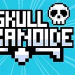Nápis SKULL ARKANOIDE s dvoma pixelovými lebkami na modrom pozadí