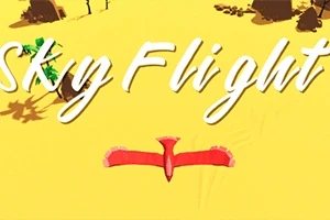 Červený vták letí nad žltou krajinou s nápisom Sky Flight