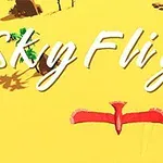 Červený vták letí nad žltou krajinou s nápisom Sky Flight