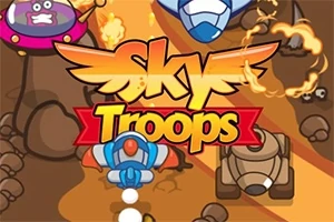 Farebná kreslená grafika s nápisom Sky Troops, lietajúcimi strojmi a výbuchmi
