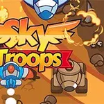 Farebná kreslená grafika s nápisom Sky Troops, lietajúcimi strojmi a výbuchmi