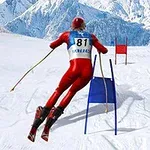 Lyžiar v červenom oblečení prechádza medzi dvoma bránkami na zasneženej horskej svahu