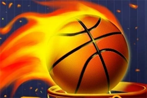 Horľavá basketbalová lopta letiaca do obrúčky s ohnivou stopou