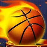 Horľavá basketbalová lopta letiaca do obrúčky s ohnivou stopou