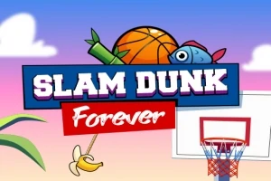 Košíková lopta a ryba v čiapke nad nápisom Slam Dunk Forever s basketbalovým košom a banánom na pozadí