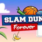 Košíková lopta a ryba v čiapke nad nápisom Slam Dunk Forever s basketbalovým košom a banánom na pozadí