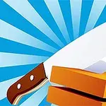 Nôž prerezuje oranžový predmet na pozadí s modrými lúčmi